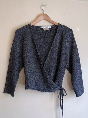 VTG Wrap Front Silver Knit Cardigan Sweater by Max Studio Women's Size Large